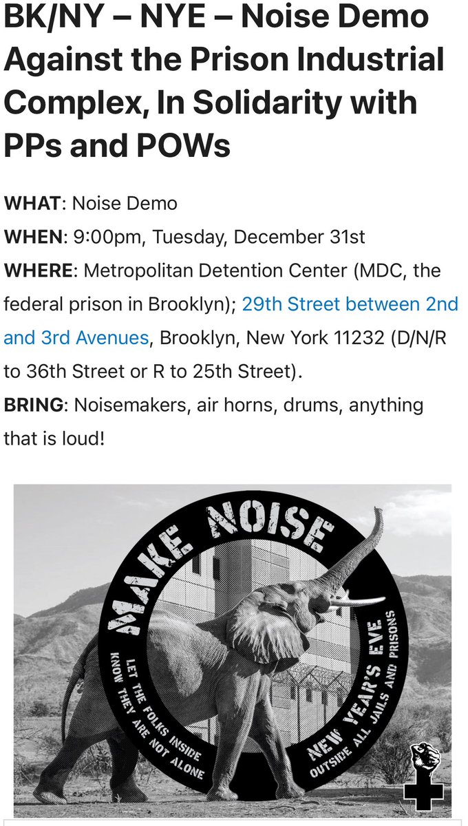 BK/NY - #NYE - it goes down! noise demo outside MDC Brooklyn. Show up! Make noise!