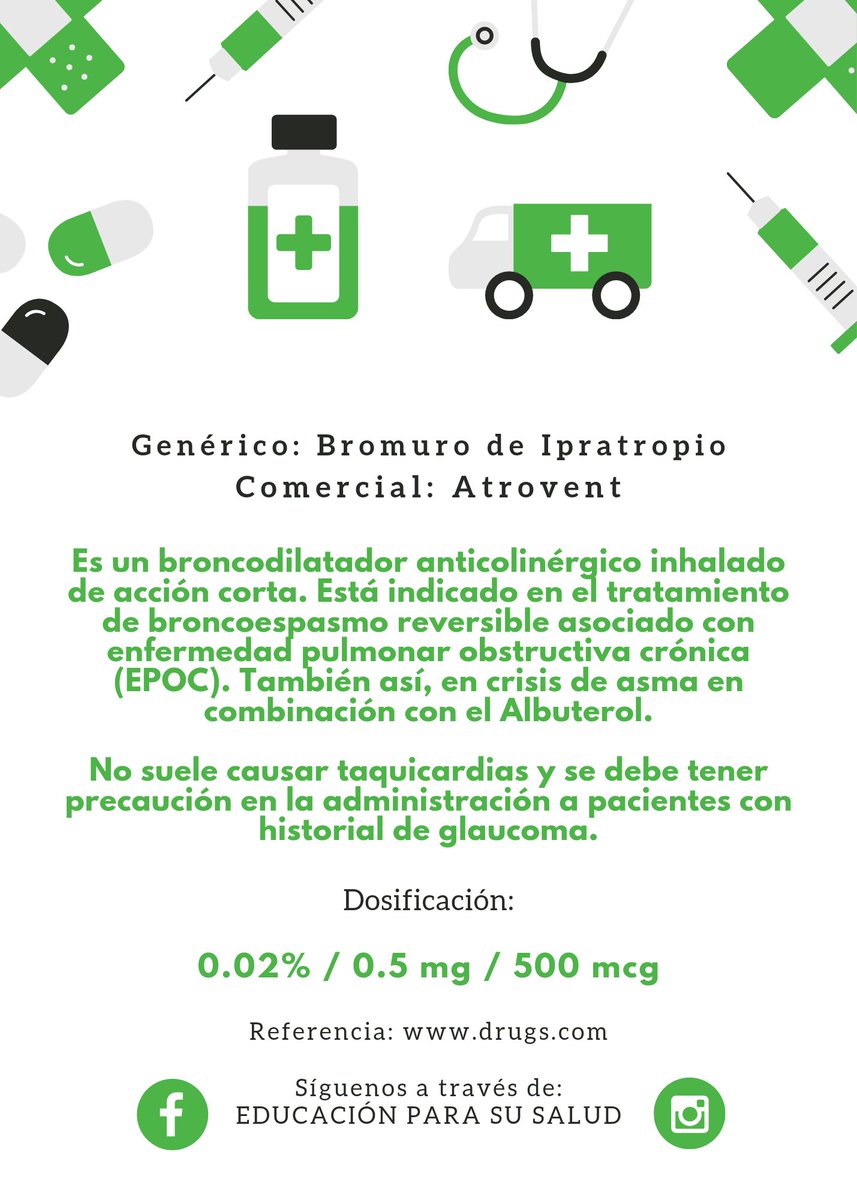 educparasusalud's tweet photo. BROMURO DE IPRATROPIO

Síguenos en las redes sociales como:
EDUCACIÓN PARA SU SALUD

Fb: https://t.co/unwOgQxq0m
X: https://t.co/GnIJctBVJ8 
Ig: https://t.co/x0rlj6XoDI

#medication #asthma #copd https://t.co/YPOcHJdsuO