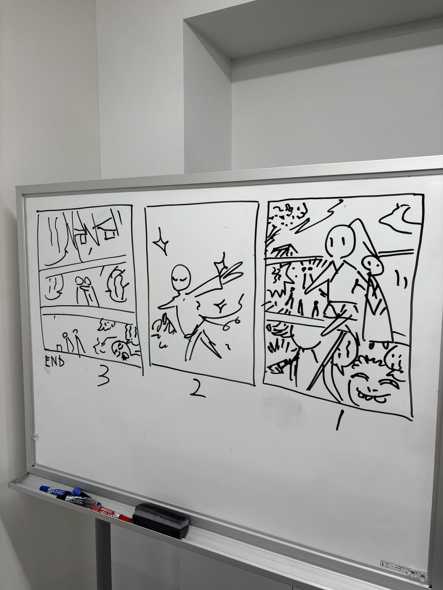 こないだの講義で手本としてネーム描いたけど先生ぶれて楽しかったな。クラスの平均速度は1時間に1ページくらいだったけど僕はシナリオあれば1枚5分くらいかな。 