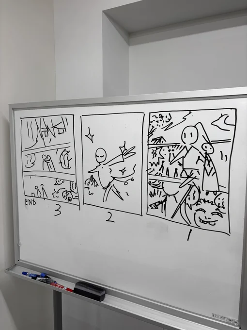 こないだの講義で手本としてネーム描いたけど先生ぶれて楽しかったな。クラスの平均速度は1時間に1ページくらいだったけど僕はシナリオあれば1枚5分くらいかな。 