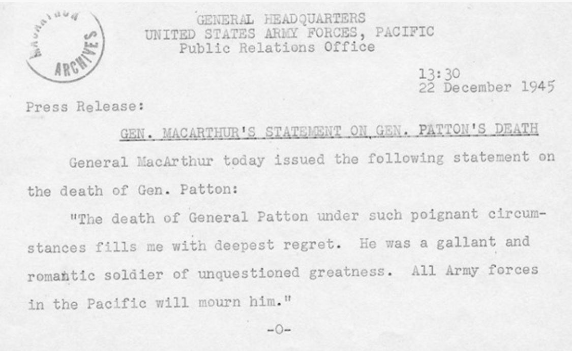 AEWilliamsClark's tweet image. General MacArthur's public statement on the death of General Patton. MacArthur described Patton as a “gallant and romantic soldier of unquestioned greatness.”