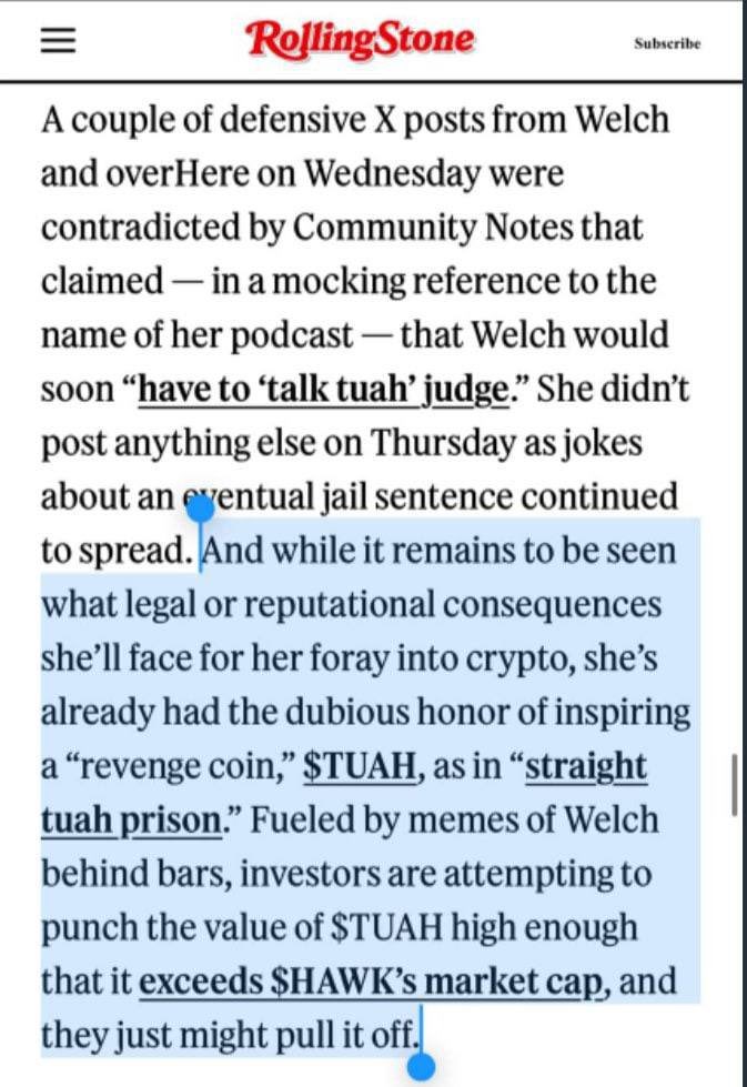 DegenCryptoKage's tweet photo. Straight $TUAH Prison is the narrative of the year and it is just getting started. $HAWK court case is just being announced. We demand justice not just for the victims but for all of crypto became the media attention this $HAWK Scandal received really hurt crypto adoption. We want the meme coin community to support us in this fight. 

https://t.co/gCL64lEaGX

AkukwSXUTkDSeh2c1ypyvN4unzyr4xb2T4SmKkix6bT8