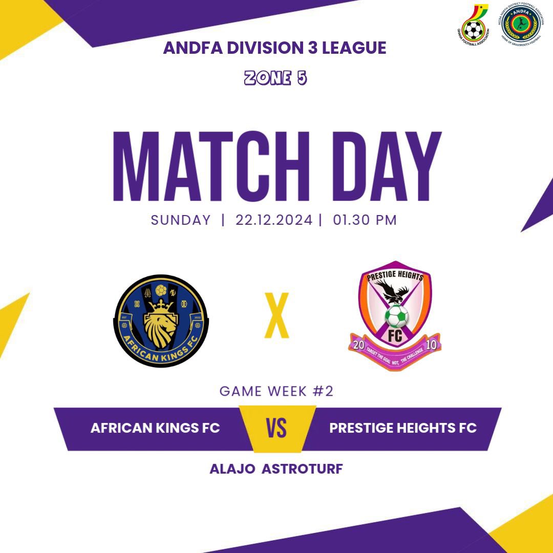 MATCHDAY 2 
Happening live tomorrow afternoon at Alajo Astroturf 
African Kings host Prestige Heights 
Vamos lads 💜🤍🔥
#sdr #Prestigeheights #Prestigeheightsfc #prestigeheightsfc