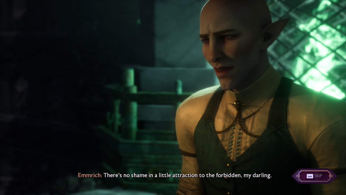 RhiMastered's tweet photo. This dialogue with rook wanting #emmrich to take her on the graves, and emmrich's expression, are everything (and #solas version because im obsessed) #DragonAgeTheVeilguard https://t.co/5mIav2BhkO