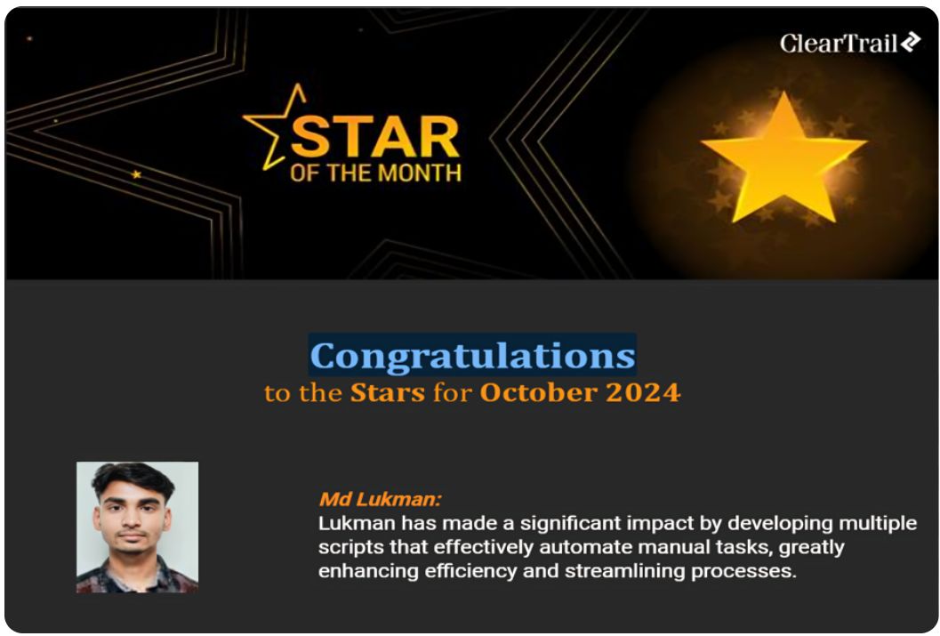lukman89603's tweet photo. ✨ Honored to be ClearTrail's Star of the Month! Recognized for driving innovation through automation, streamlining tasks, and boosting efficiency. 🚀

#Automation #Innovation #StarOfTheMonth #Efficiency https://t.co/1yzssHUowK