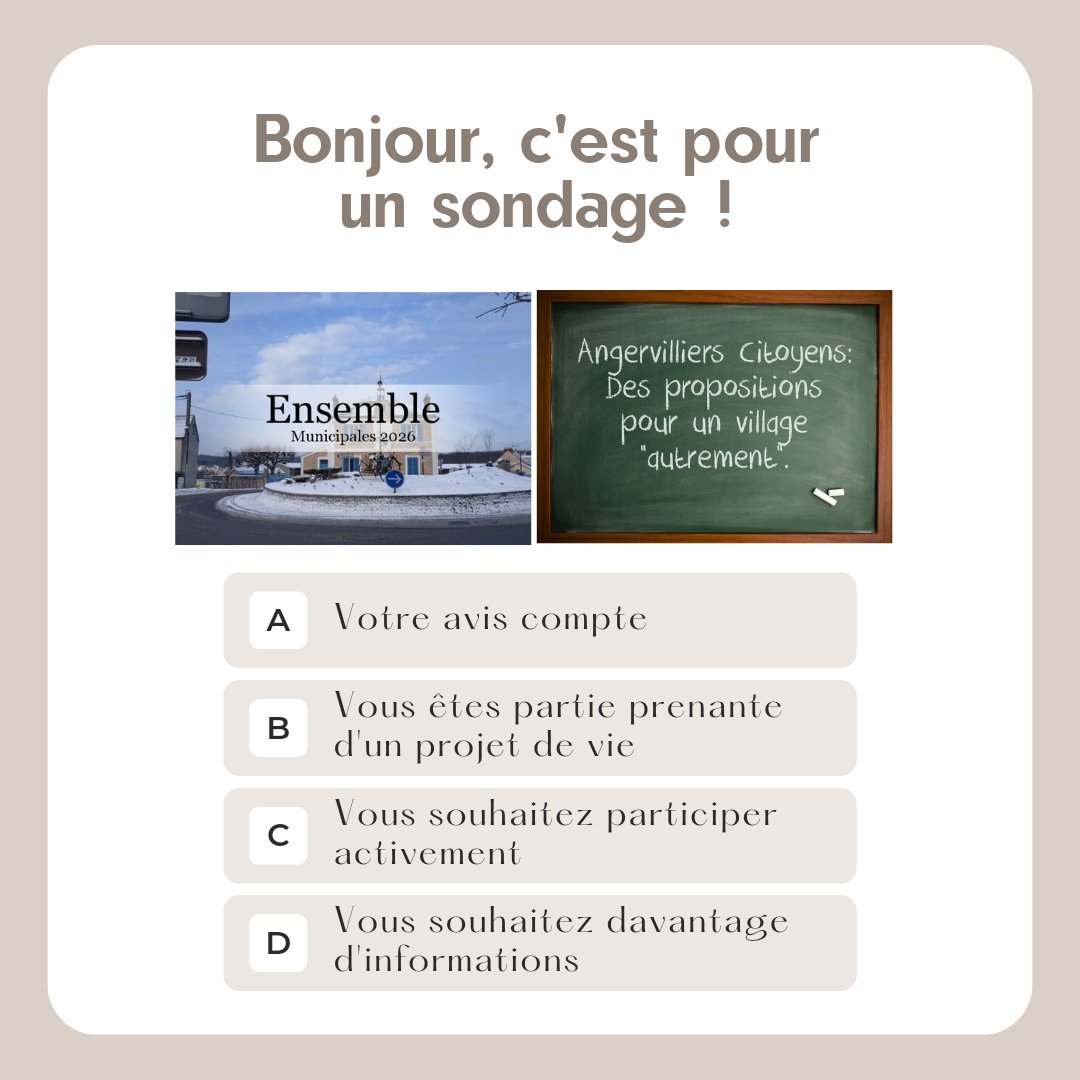 AngervilliersC's tweet photo. Les sondages comme un lien supplémentaire entre les citoyens et les élus ANGERVILLIERS CITOYENS. Éclaircissements ici⤵️
https://t.co/tRy9aIKjLu https://t.co/VafstoggZ3