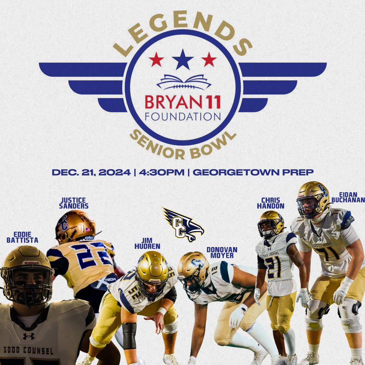GC Football (@gcfootball) on Twitter photo Good luck to our guys playing in The Bryan 11 Foundation Legends Senior Bowl game today.
<a href="/eddie_battista/">Eddie Battista</a> <a href="/JusticeSand7/">Justice Sanders</a> <a href="/JamesHudren/">James Hudren</a> <a href="/DonovanMoyer_/">Donovan Moyer</a> <a href="/chrishandon25/">Christopher Handon</a> <a href="/eidan_buchanan/">Eidan Buchanan</a>
#WeAreGC Good luck to our guys playing in The Bryan 11 Foundation Legends Senior Bowl game today.
<a href="/eddie_battista/">Eddie Battista</a> <a href="/JusticeSand7/">Justice Sanders</a> <a href="/JamesHudren/">James Hudren</a> <a href="/DonovanMoyer_/">Donovan Moyer</a> <a href="/chrishandon25/">Christopher Handon</a> <a href="/eidan_buchanan/">Eidan Buchanan</a>
#WeAreGC