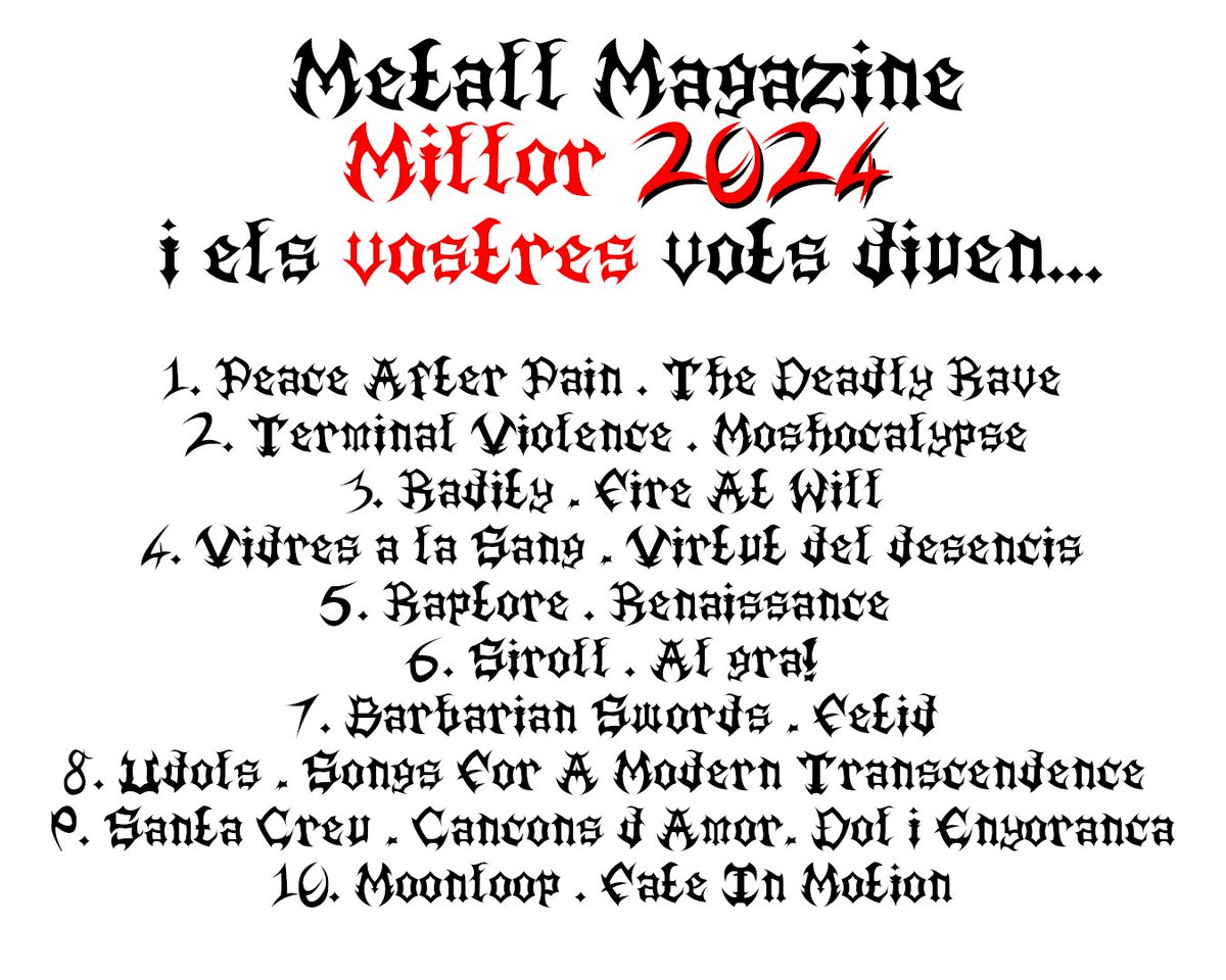 MetallMagazine's tweet image. 🔥 [#MILLOR2024] DONCS AQUÍ ELS TENIM!  

Quasi apurant el calendari! Ja tenim aquí el #TOP10 dels millors  treballs del #Metal dels Països Catalans segons els vostres vots i també  la nostra tria.   

metallnostrat.wordpress.com/2024/12/21/%f0… 

#Metall #MetallMagazine