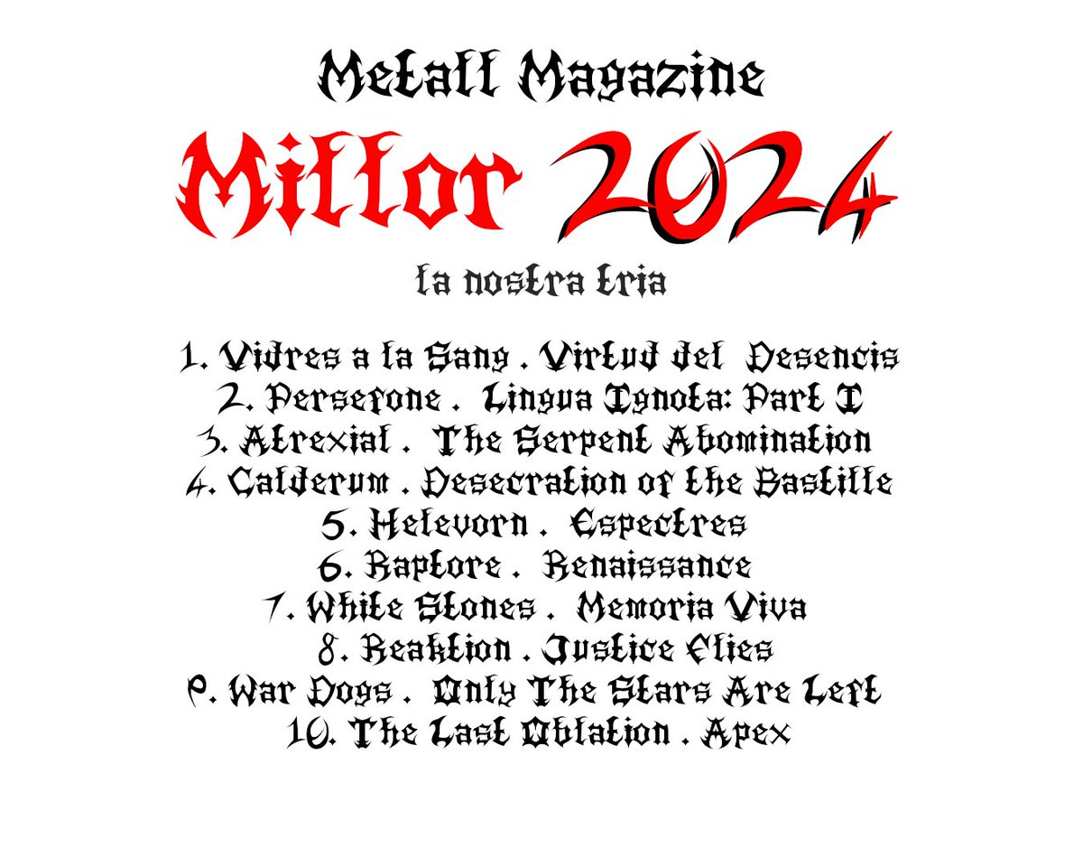 MetallMagazine's tweet image. 🔥 [#MILLOR2024] DONCS AQUÍ ELS TENIM!  

Quasi apurant el calendari! Ja tenim aquí el #TOP10 dels millors  treballs del #Metal dels Països Catalans segons els vostres vots i també  la nostra tria.   

metallnostrat.wordpress.com/2024/12/21/%f0… 

#Metall #MetallMagazine