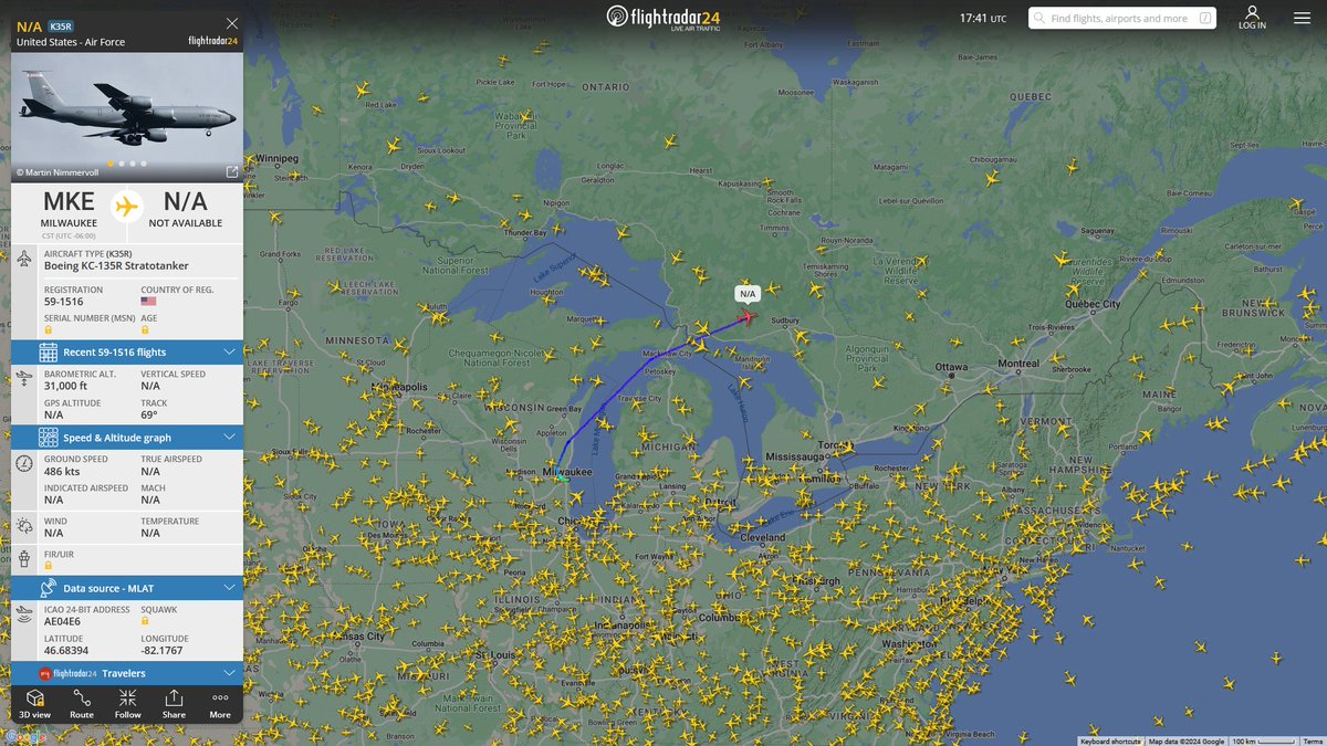 AIYeyENGDdJkjTr's tweet image. Dec. 22, 2024
#Milwaukee 128 Air Refueling Wing National Guard ==&amp;gt;

#NoCALLSIGN #AE04E6 USAF KC-135R Stratotanker