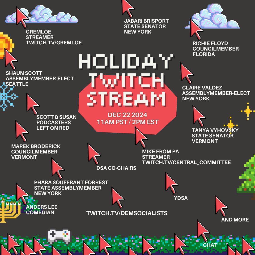 🚨 We're going live in 24 hours! 🚨

Tomorrow at 2 PM ET/11 AM PT, leftist streamers will be teaming up with our elected socialists in office to play games, talk about DSA, interact with chat, and more!

Follow us: twitch.tv/demsocialists