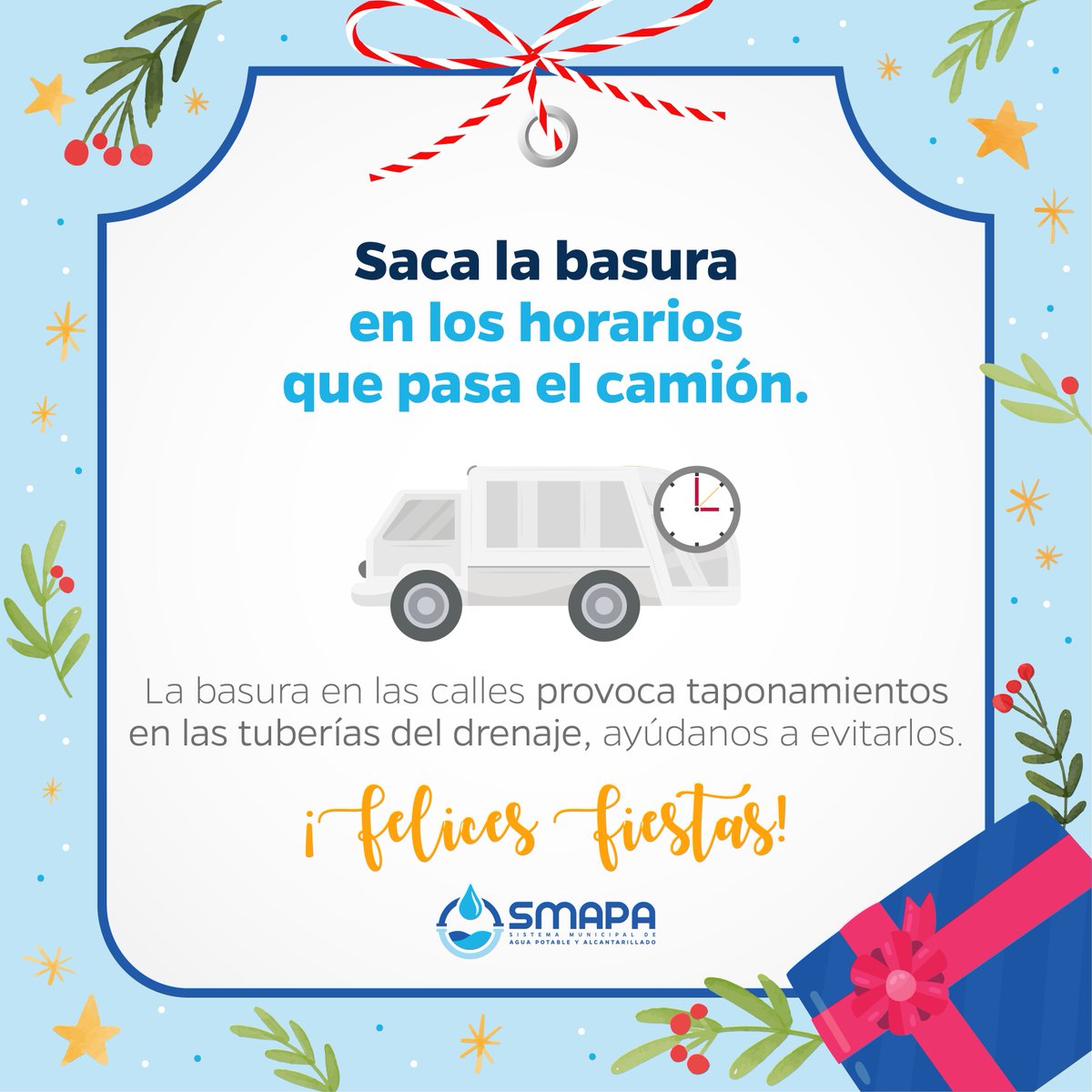 TuxtlaSMAPA's tweet photo. #SMAPATips
En estas fiestas decembrinas, saca la basura en los horarios que pasa el camión. https://t.co/q30FItQ5Zz