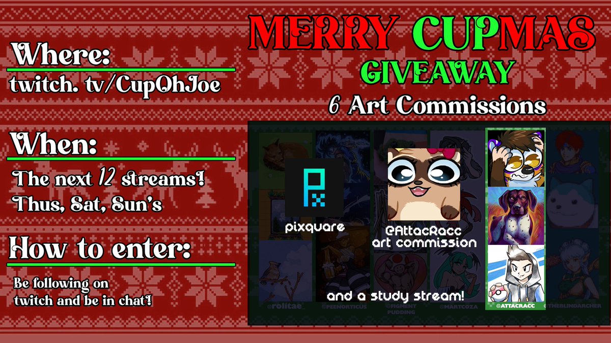 ❄️🎁On day 11 of the 12 days of CUPmas! We've got our homie <a href="/AttacRacc/">AttacRacc Ⓥ 🥨moved to bsky</a> as our artist today! And we've got some pixquare up for grabs! ❄️🎁