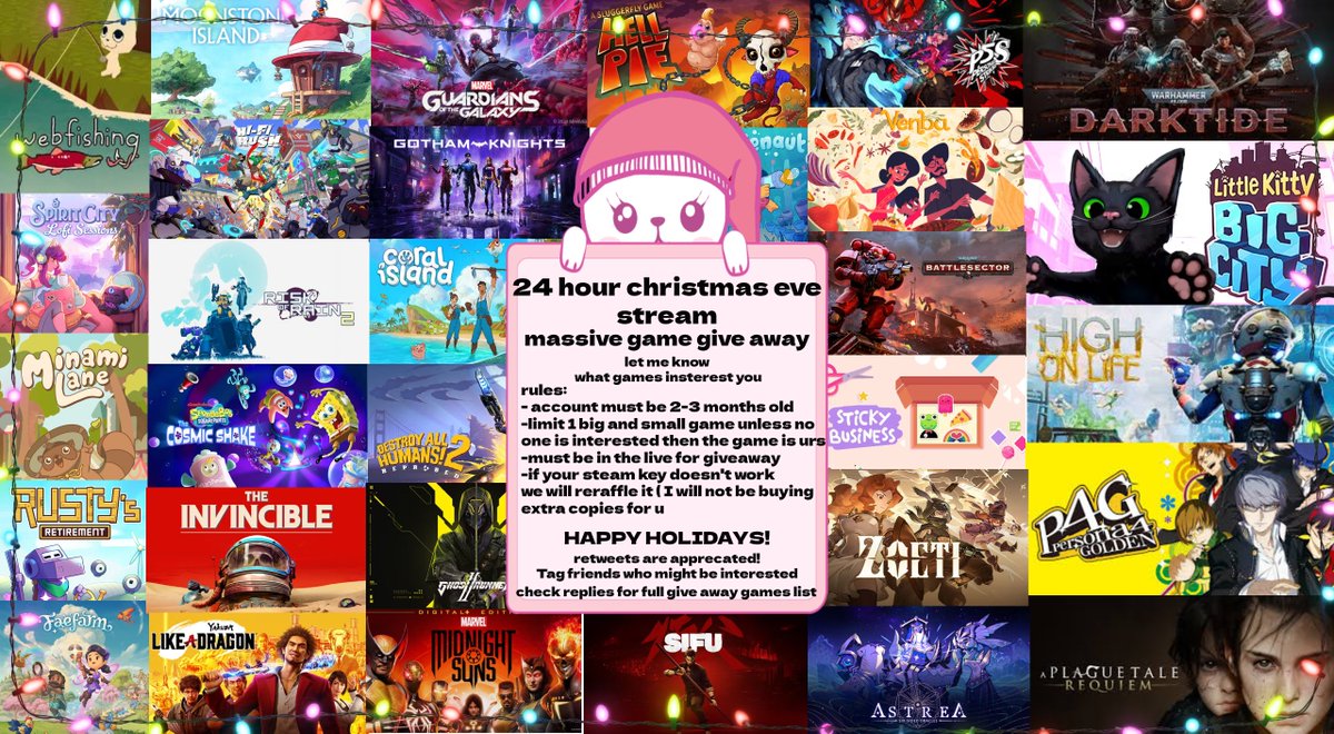 angelplushyy's tweet image. Here is the final flyer for the Christmas eve stream/massive game giveaway! 
Please comment the games you find interesting. 
The games will be given away in groups every hour! 
please see replies for full games lists! #giveaway #giveaways #raffle #Christmas #FreeGameKey…