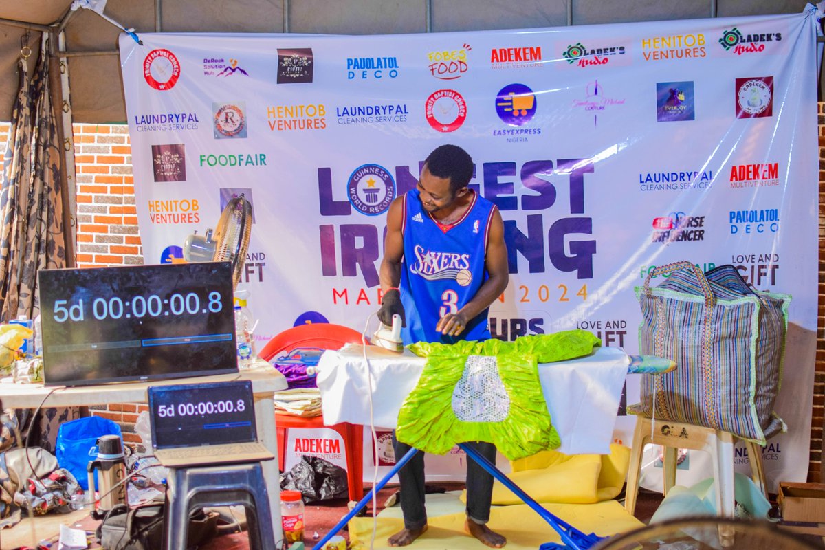 NEW WORLD RECORD BREAKER!!! 120 HOURS! 5DAYS IRONING MARATHON.
#WorldRecordAttempt #IroningMarathon #BreakingRecords #breakingrecords2024 #IroningMarathon24 #IronwithTosin #Ironguy #GuinnessWorldRecord #LongestIroningMarathon #Ibadan #laundry #RecordBreaker #laundryguy #Nigeria