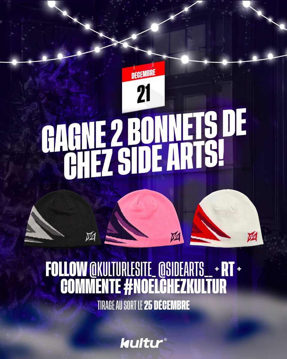 Kulturlesite_'s tweet photo. 🎁 LE CALENDRIER DE L’AVENT KULTUR 21/24

🎫 GAGNE 2 BONNETS DE CHEZ SIDE ARTS ! 

▫️ RT + FOLLOW @kulturlesite_ &amp; @sidearts__ 
▫️ COMMENTE avec #NOELCHEZKULTUR

🍀TAS LE 25 DÉCEMBRE https://t.co/h0Y87zdw3m