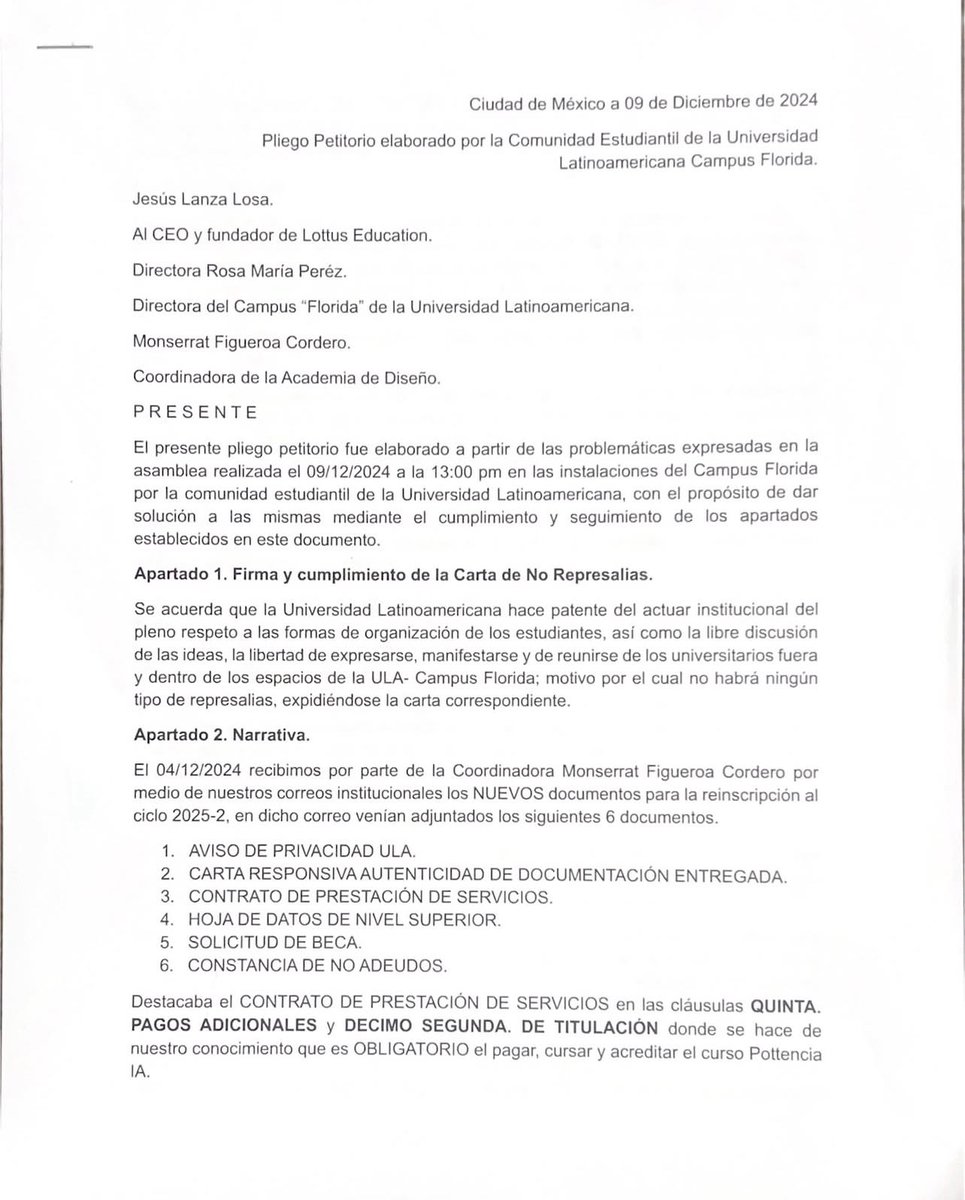 ComunidadUlaFlo's tweet photo. Comparimos el pliego Petitorio que se entregó a las autoridades mencionadas el dia 10/12/24. Este movimiento es por y para la comunidad estudiantil ULA. Los invitamos a leerlo para que conozcan lo que busca este movimiento. https://t.co/EMI5FhEgR8