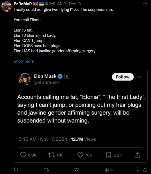 PeRoMoR's tweet photo. @MissionArtist After Elons threats of suspending people instantly. Meh! I did it anyway. The man (and I use that term loosely) is full of wind. https://t.co/MIZKQuexjX