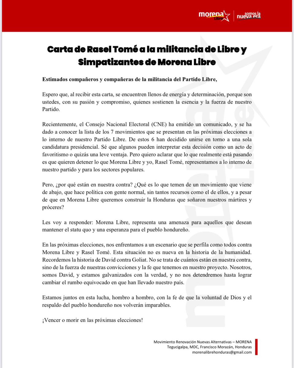 raseltome's tweet image. Parece que el horizonte de las próximas elecciones es de todo contra Rasel Tomé y Morena Libre.

Nosotros somos el pequeño David contra Goliat ,  tenemos nuestra FE en Dios  y en el pueblo hondureño.