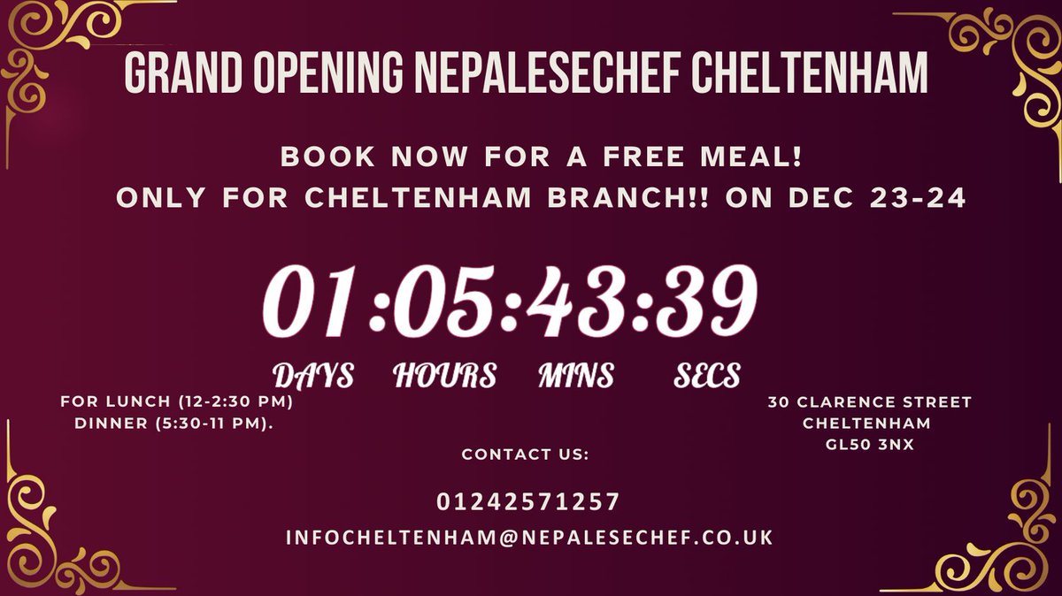 NepaleseChef's tweet photo. Big news for Cheltenham! NepaleseChef is now at 30 Clarence Street! FREE MEALS for booking customers on 23rd &amp; 24th Dec:
 Lunch: 12:00 PM – 2:30 PM
Dinner: 5:30 PM – 11:00 PM
This special offer is available only at our Cheltenham branch. Don’t miss it! https://t.co/LhnHqKrtZx