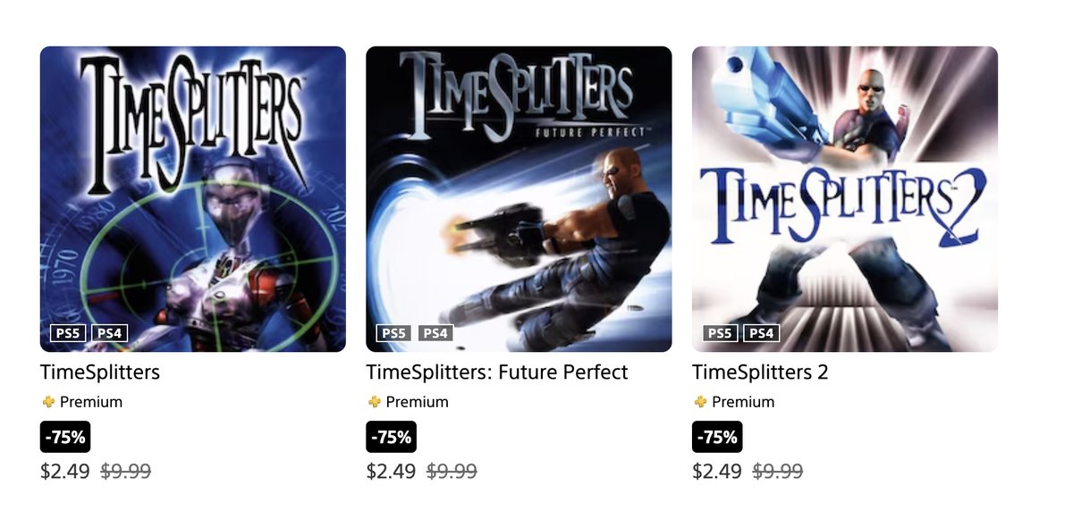 TimeSplitters / TimeSplitters 2 / TimeSplitters: Future Perfect are $2.49 each on US PSN buff.ly/4fMguWB

also on PS+ Premium