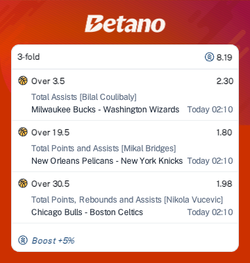 MnikCrypt's tweet photo. Today's Nba Player Prop. 

Bilal Coulibaly O3.5 Assist (1u)
[Made this line in the last 9/10] 

Mikal Bridges O19.5 PA (1u)
[Made this line in the last 8/10] 

Nikola Vucevic O30.5 PRA (1u) 
[Made this line in the last 8/10] 

Betano Code:  NXNT78FS https://t.co/4pGV7dGz59