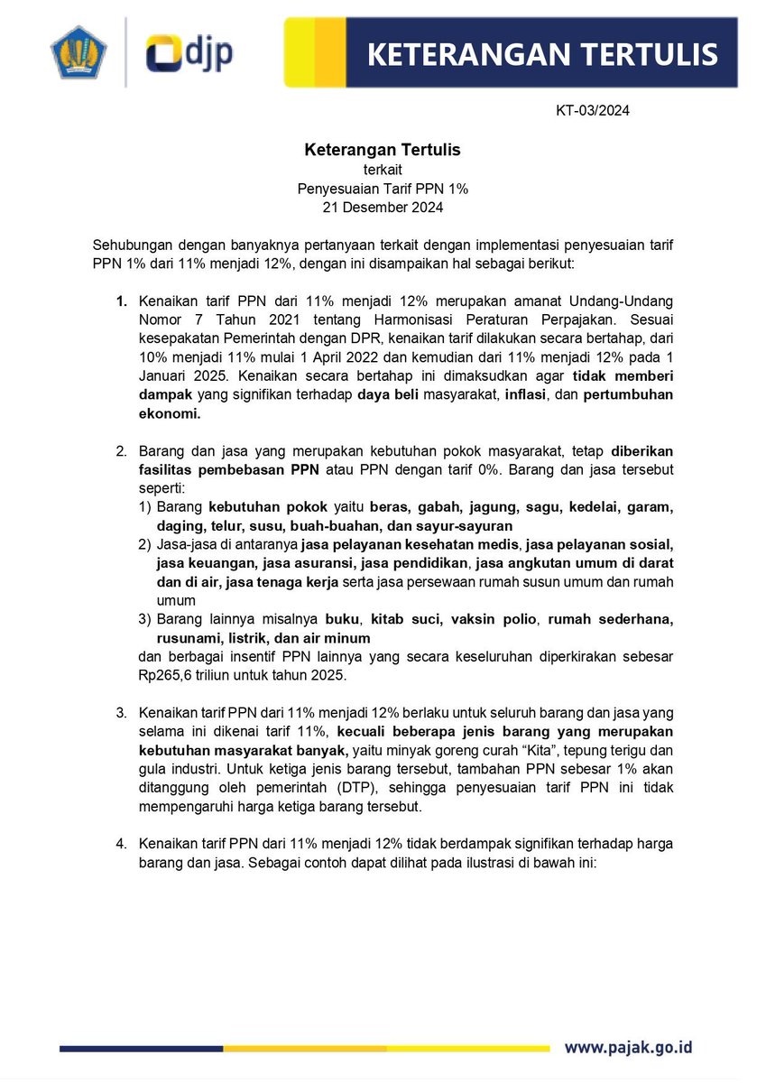 salam4jari's tweet photo. Rilis DJP soal PPN 12%. 

Poin 3 kenaikan 12% untuk semua barang. Narasi barang merah adalah kebohongan publik. Poin 4 gak sesimple itu hitungannya.  Ada efek domino darı kenaikan 12%. Produksi TV yang awalnya 5 Jt pasti bertambah. 

 #TolakKenaikanPPN12Persen https://t.co/AtsbygGLsL