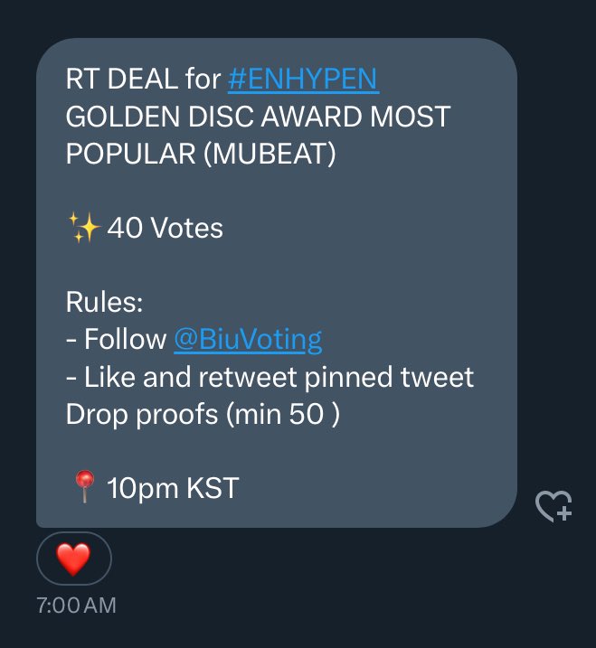 17TXTEn's tweet photo. RT DEAL for #ENHYPEN 
GOLDEN DISC AWARD MOST POPULAR (MUBEAT) 

✨40 Votes 

Rules: 
- Follow @BiuVoting
- Like and retweet pinned tweet 
Drop proofs (min 50 ) 

📍10pm KST https://t.co/Ovo25DXqyx
