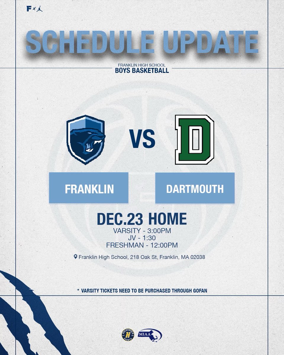 Time change for Monday's home game vs. Dartmouth.

Varsity tickets will only be available through gofan
gofan.co/event/2707620