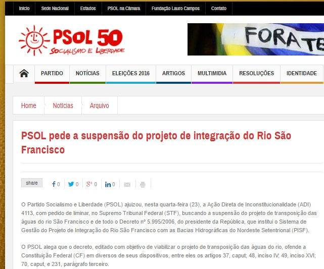 Entraram o STF contra a transposição do Rio São Francisco.