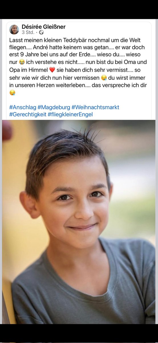 Ruhe in Frieden, André, kleiner Mann! Du hattest noch dein ganzes Leben vor dir. Nun ist es sinnlos ausgelöscht von einem Irren, der gar nicht hätte hier sein dürfen! Ich habe geweint um dich, auch wenn ich dich nicht kannte. 😢
#DésiréeGleißner