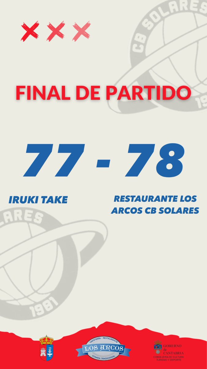 CBSolares's tweet photo. 🏀| JORNADA 11

🕢Final partido

Iruki Take 7️⃣7️⃣➖7️⃣8️⃣ Restaurante Los Arcos CB Solares 

Vamoooos💪🏼💪🏼💪🏼💪🏼

#TodoalRojo #TerceraFeb https://t.co/Z5fgQKc4zU