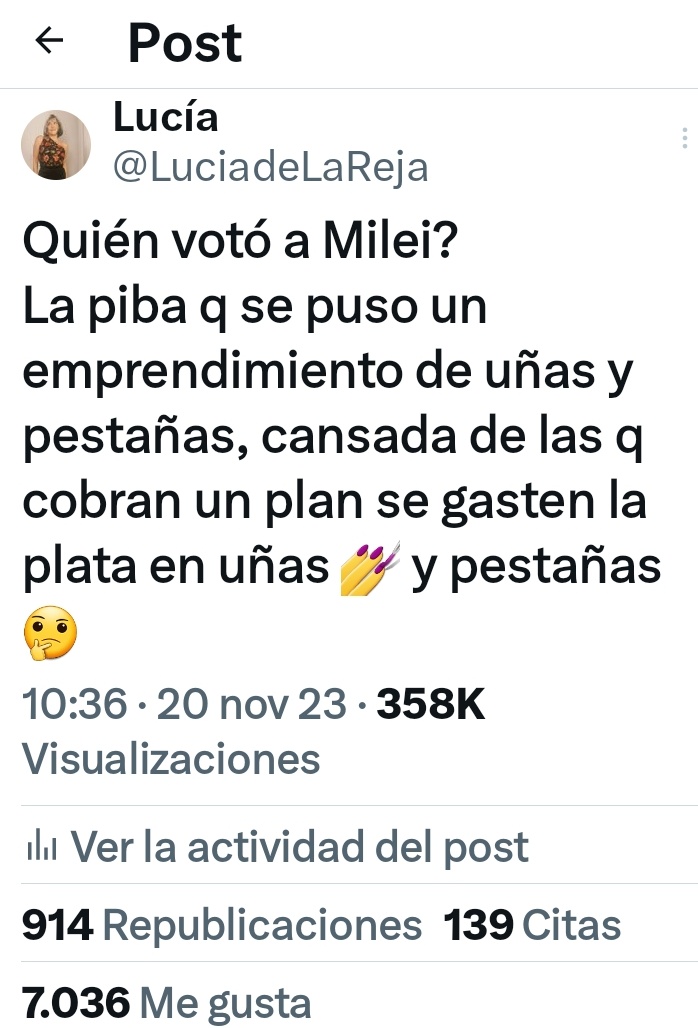 LuciadeLaReja's tweet photo. Bueno, vengo a rectificar mi tuit de nov/23
Las emprendedoras de uñas q votaron a Milei para no atender nunca más a las #planeras 
Bueno ahora las tienen q seguir atendiendo porque  Milei les aumentó exponencialmente los planes sociales...
Son las nuevas ricas 🤣🤣🤣 https://t.co/gk8EZrwOQZ