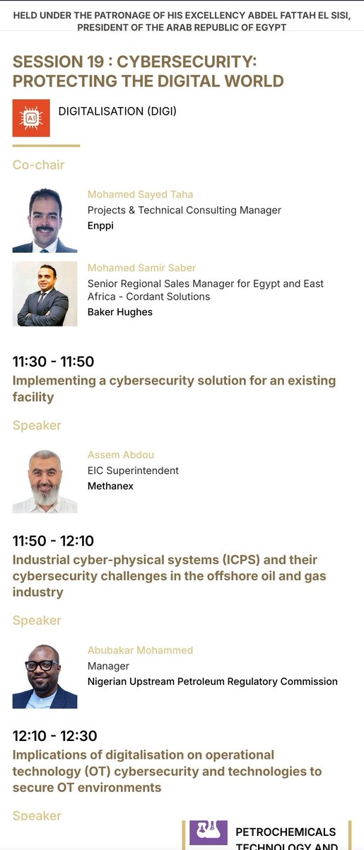 Thrilled to be giving a talk on Cybersecurity Challenges in the Upstream Oil and Gas Industry at the prestigious EGYPES - Egypt Energy Show (EGYPES 2025)! 

I am honored to contribute to these critical conversations. Looking forward to sharing insights, exchanging ideas.