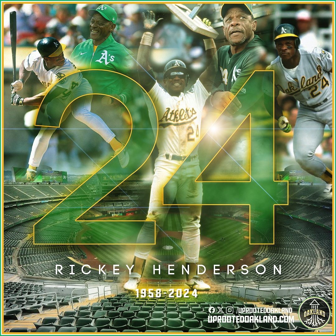 uprootedoakland's tweet photo. Rickey Henderson, the Greatest of All Time, has passed away at the age of 65. Sincerest condolences to his friends and family during this time.
There will never be anyone quite like the Man of Steal.
He is forever an Oakland legend.
#Athletics #RootedInOakland https://t.co/qlaHFsWlJ8