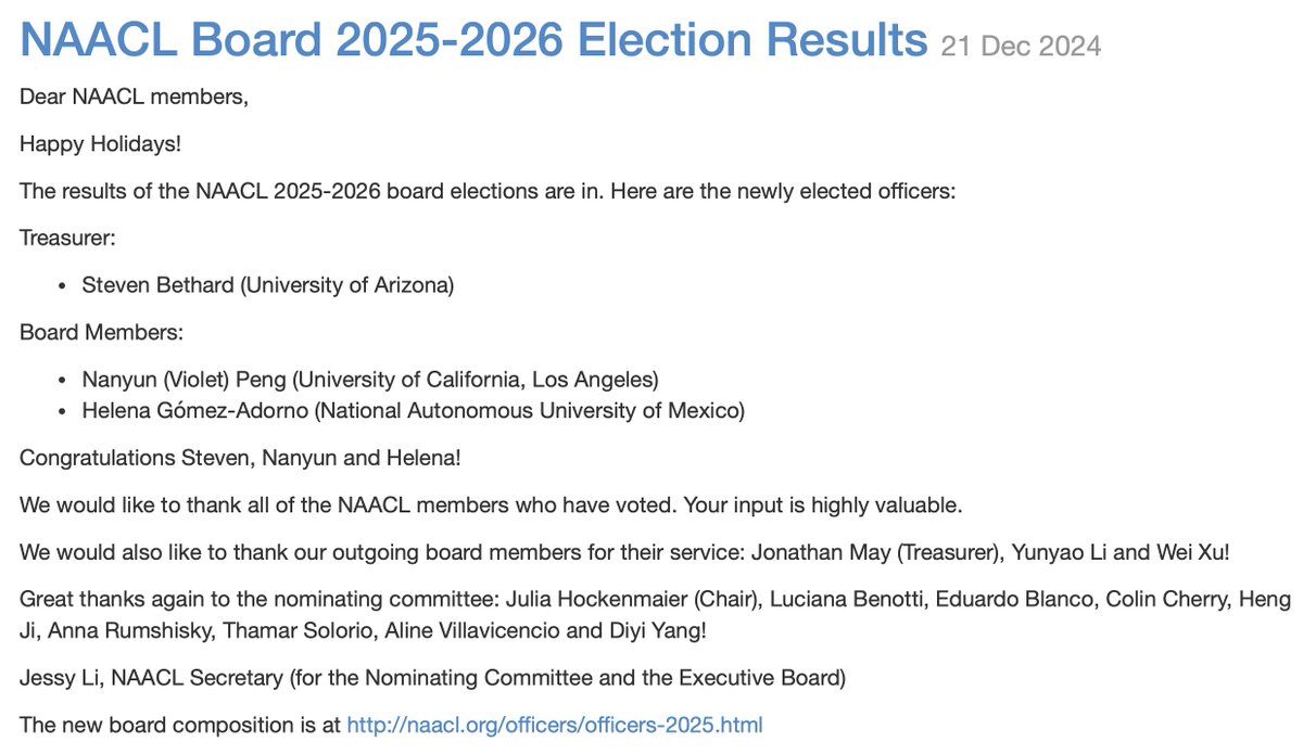 naacl's tweet image. 🎉🎉🎉 Congratulations to new #NAACL board members:
Steven Bethard @stevenbethard (Treasurer)
Nanyun (Violet) Peng @VioletNPeng
Helena Gómez-Adorno @helen_py
naacl.org/posts/2024-12-…
Thank you all for voting!