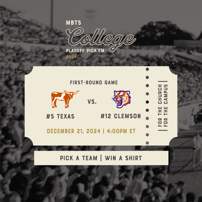 MBTS's tweet photo. 🏈 GAME 3 of College Football Pick'em! 🏈 12. Clemson vs. 5. Texas. 

Comment with your winning team and final score predictions. The closest prediction will win a custom #ForTheChurch Campus Shirt of the winning school!

Plus, enter to win our grand prize here: https://t.co/yJwWsPGvsC!