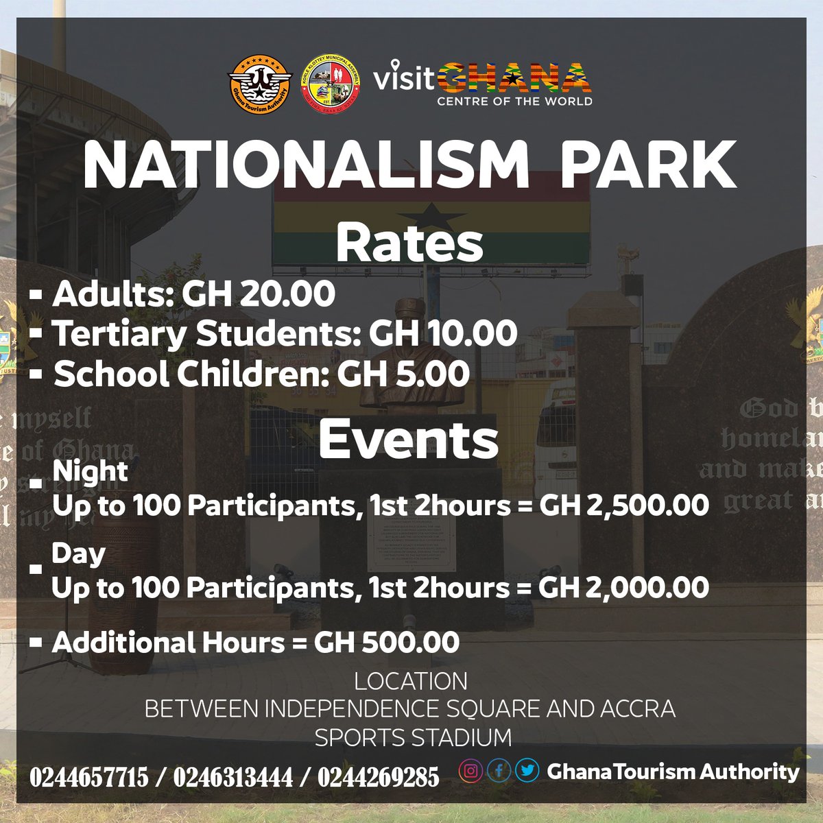 ghanatourismGTA's tweet photo. The Nationalism Park is now open.
It's the latest address in town for #DecemberInGH. Visit for a memorable experience.
#NationalismPark #ExperienceGhana #ShareGhana https://t.co/OSTtTgAcUe