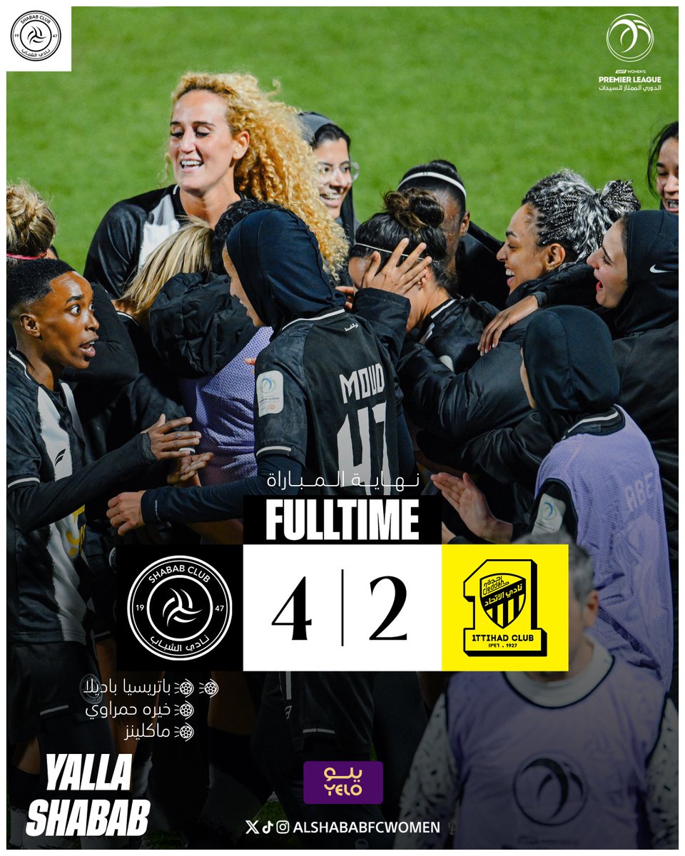 alshababfcwomen's tweet photo. 🔚 نهايـة المبـاراة

#الشباب 4 🆚 الاتحاد 2

مبروك الانتصار 🤩🤍🤍

#سيدات_الشباب
#الدوري_الممتاز_للسيدات https://t.co/pwUTZEovbi