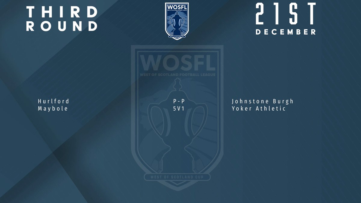 West of Scotland Football League 🏴 (@officialwosfl) on Twitter photo It's an away tie v <a href="/MuirkirkJFC1937/">Muirkirk Junior FC</a> for <a href="/maybolejnrsfc/">Maybole Juniors Football Club (The Bole)</a> in the Fourth Round of the #WoSFL Cup after they beat Yoker 5-1 today.
The <a href="/HurlfordUtd/">Hurlford United</a> v <a href="/johnstone_burgh/">Johnstone Burgh Football Club</a> match failed to beat the weather. We'll let you know when it's re-scheduled It's an away tie v <a href="/MuirkirkJFC1937/">Muirkirk Junior FC</a> for <a href="/maybolejnrsfc/">Maybole Juniors Football Club (The Bole)</a> in the Fourth Round of the #WoSFL Cup after they beat Yoker 5-1 today.
The <a href="/HurlfordUtd/">Hurlford United</a> v <a href="/johnstone_burgh/">Johnstone Burgh Football Club</a> match failed to beat the weather. We'll let you know when it's re-scheduled