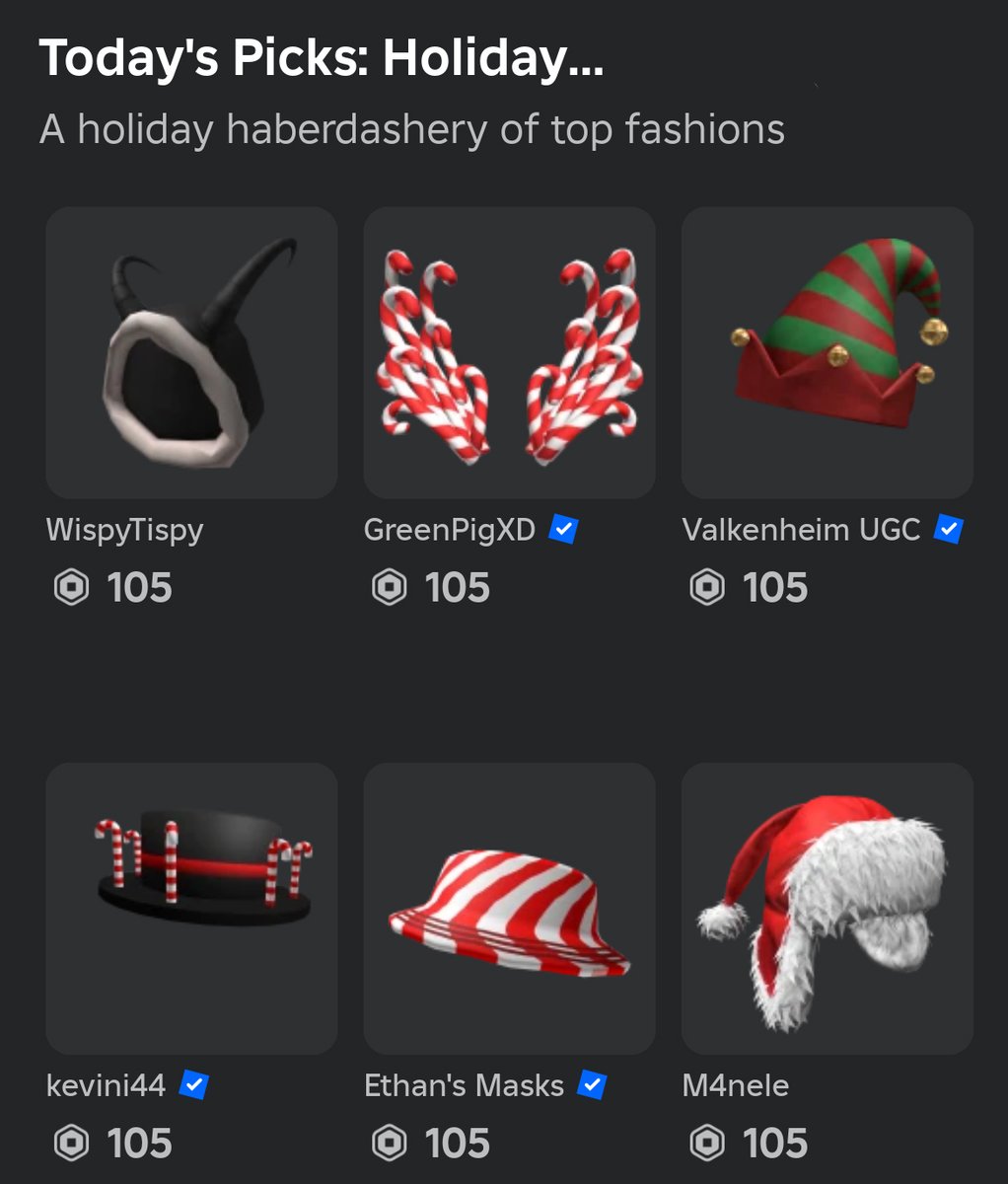 Deck the heads with #TodaysPicks. Holiday #RobloxUGC headwear FROM <a href="/WhoseTrade/">WhoseTrade</a>, @valkenheim__, <a href="/RSMs_Dev/">Seriously</a>, <a href="/WispyTispy/">WispyTispy</a>, <a href="/ethanx111/">e6thn</a>,  m4nele, <a href="/Roblox_kevini44/">kevini44</a>, ulzig, <a href="/maokyi/">Maokyi ✧</a>, DollHouse Co, <a href="/AngelicFavor_/">AngelicFavor</a>, and <a href="/idealxyo/">ideal</a>.