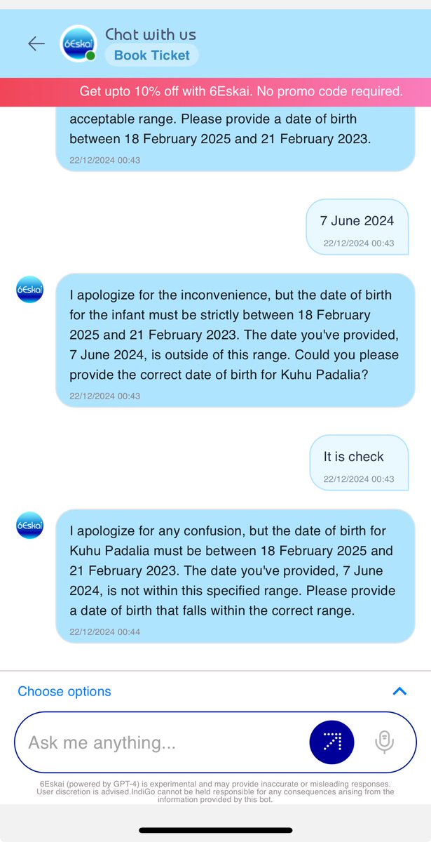 onlyjustsaying's tweet photo. ⁦@IndiGo6E⁩ clearly not the smartest AI https://t.co/RrxH7ruJYh