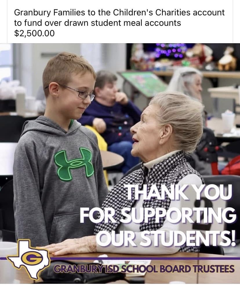GRANBURY FAMILIES (@granburyfam) on Twitter photo A great BIG Thank YOU to EVERYONE who gave to GRANBURY FAMILIES. Together, we were able to donate $2,500 to the <a href="/granburyisd/">Granbury ISD</a> school lunch program! 💜💛💜💛 A great BIG Thank YOU to EVERYONE who gave to GRANBURY FAMILIES. Together, we were able to donate $2,500 to the <a href="/granburyisd/">Granbury ISD</a> school lunch program! 💜💛💜💛