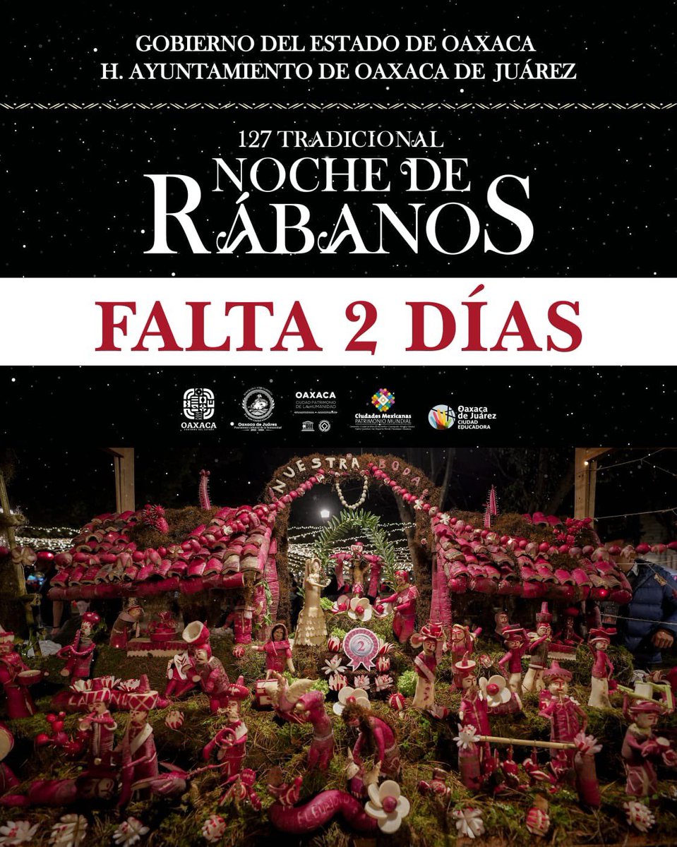 ¡Cada vez más cerca! Solo faltan 2 días para la Noche de Rábanos.

Una tradición que une creatividad, historia y cultura en un evento único en México. Vive esta experiencia que enorgullece a Oaxaca y celebra nuestra identidad como comunidad.