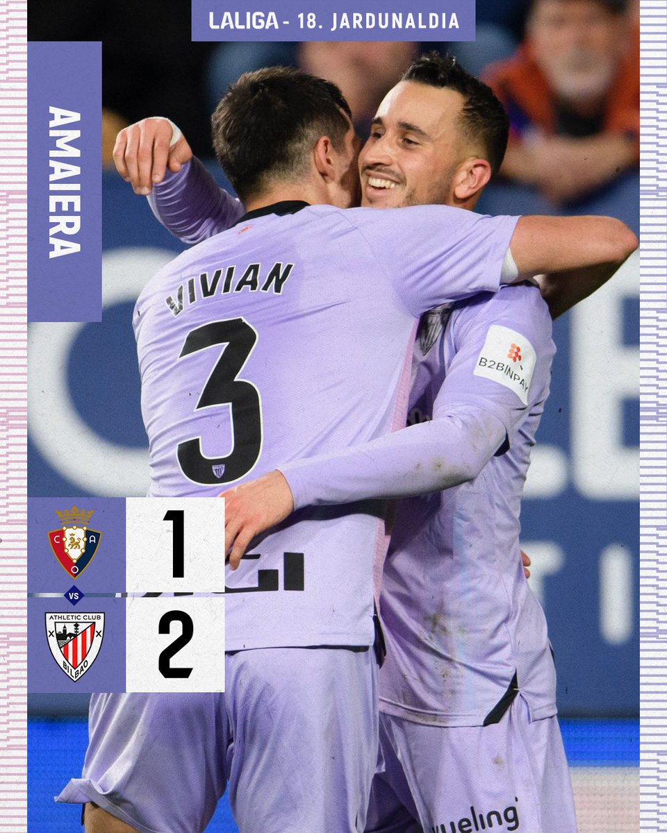 🥳 𝗔𝗠𝗔𝗜𝗘𝗥𝗔 𝗜 𝗕𝗔𝗔𝗔𝗔𝗔𝗔𝗔𝗔𝗜𝗜𝗜𝗜!!

Athleticek <a href="/Osasuna_eus/">C. A. OSASUNA</a>-en aurkako garaipen garrantzitsu batekin itxi du 2024. urtea eta Europako postuetan finkatu da.

🙌 Bejondeizuela!

#OsasunaAthletic #AthleticClub 🦁