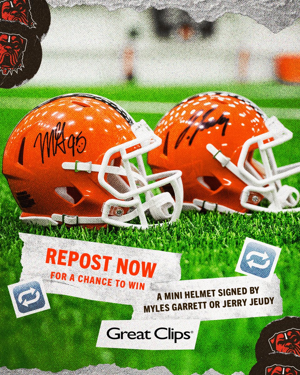 Cleveland Browns (@browns) on Twitter photo We’re giving away a holiday gift thanks to our friends <a href="/GreatClips/">Great Clips</a>, your home for great holiday haircuts. Hit us with a repost for a chance to win a mini helmet signed by <a href="/Flash_Garrett/">Myles Garrett</a> or <a href="/David_Njoku80/">Chief David Njoku</a>. We’re giving away a holiday gift thanks to our friends <a href="/GreatClips/">Great Clips</a>, your home for great holiday haircuts. Hit us with a repost for a chance to win a mini helmet signed by <a href="/Flash_Garrett/">Myles Garrett</a> or <a href="/David_Njoku80/">Chief David Njoku</a>.