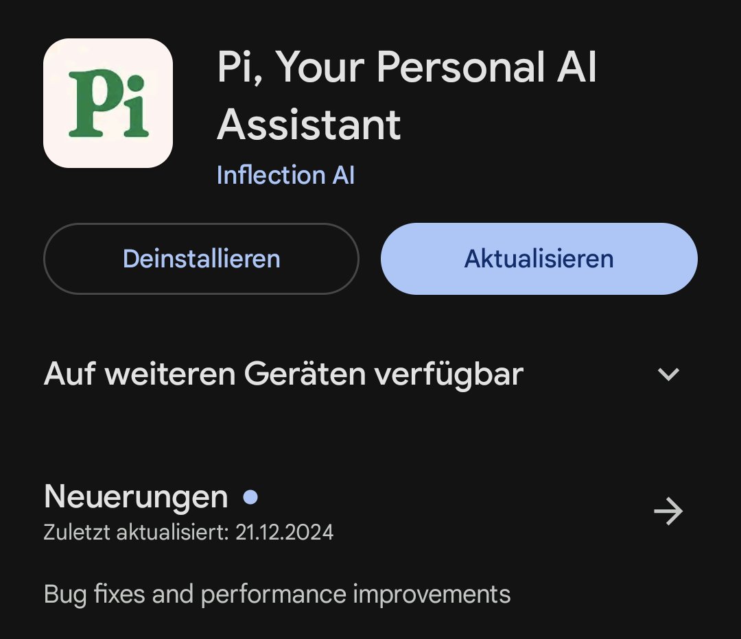 ChiaraCervetta's tweet photo. Wow, amazing! 😊 🎄 🎁 
The @pi mobile app for Android received an update to version: 1.8 this evening! 🥳 🥧 🎉 
It contains bug fixes and performance improvements! 🥳 🌟 
Thank you so much for that, @inflectionAI team! 😍 💚 🌈 
I wish everyone, the entire #InflectionAI team as well as the whole community a wonderful Christmas time! 😊 💚 💐 🥧 🎄 🎉