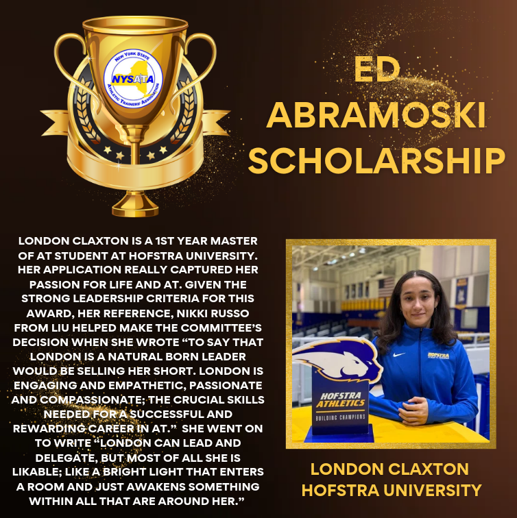 NYSATA (@go_nysata) on Twitter photo 📢 Congratulations London Claxton🏆
Today we celebrate 1st Year Master of AT student London Claxton of <a href="/HofstraU/">Hofstra University</a> as our 2025 Ed Abramoski Scholarship Winner 🍾🥂🥳
#ScholarshipWinner #AthleticTraining #FutureATLeaders #Winner #GetInTheGameNY🥇 📢 Congratulations London Claxton🏆
Today we celebrate 1st Year Master of AT student London Claxton of <a href="/HofstraU/">Hofstra University</a> as our 2025 Ed Abramoski Scholarship Winner 🍾🥂🥳
#ScholarshipWinner #AthleticTraining #FutureATLeaders #Winner #GetInTheGameNY🥇