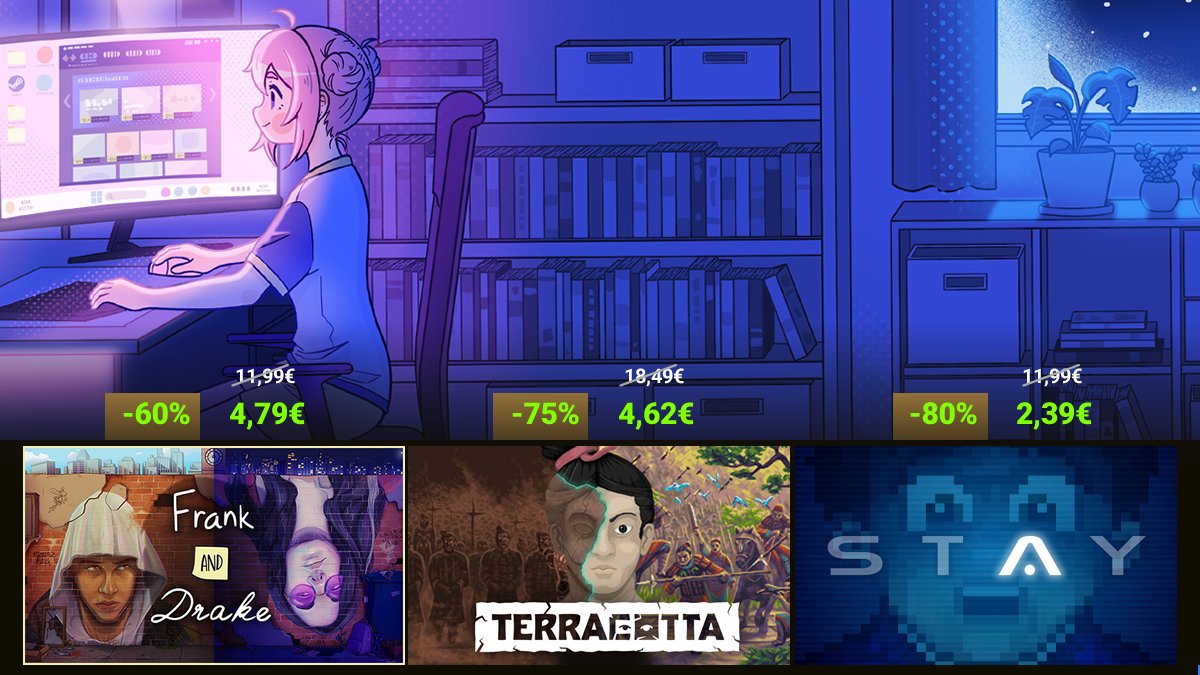 appnormals's tweet image. Huge discounts in our #indiegames! Enjoy the #SteamWinterSale and support our journey of innovative storytelling 🙏😊

🧛 @Frank_and_Drake 60% off!
store.steampowered.com/app/1530800/Fr…

☯️ @TerracottaGame 75% off!
store.steampowered.com/app/748020/TER…

⏳ @stay_the_game 80% off!
store.steampowered.com/app/753230/STA…