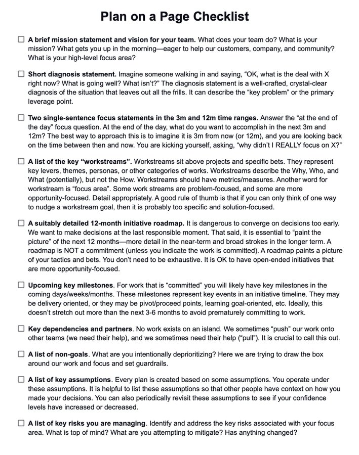 Your fancy product strategy docs are scaring away engineers.

<a href="/johncutlefish/">John Cutler</a> created this simple "Plan on a Page" checklist that changed how I think about product planning.

No more 30-page strategy docs that no one reads.

Here's how to actually use it: